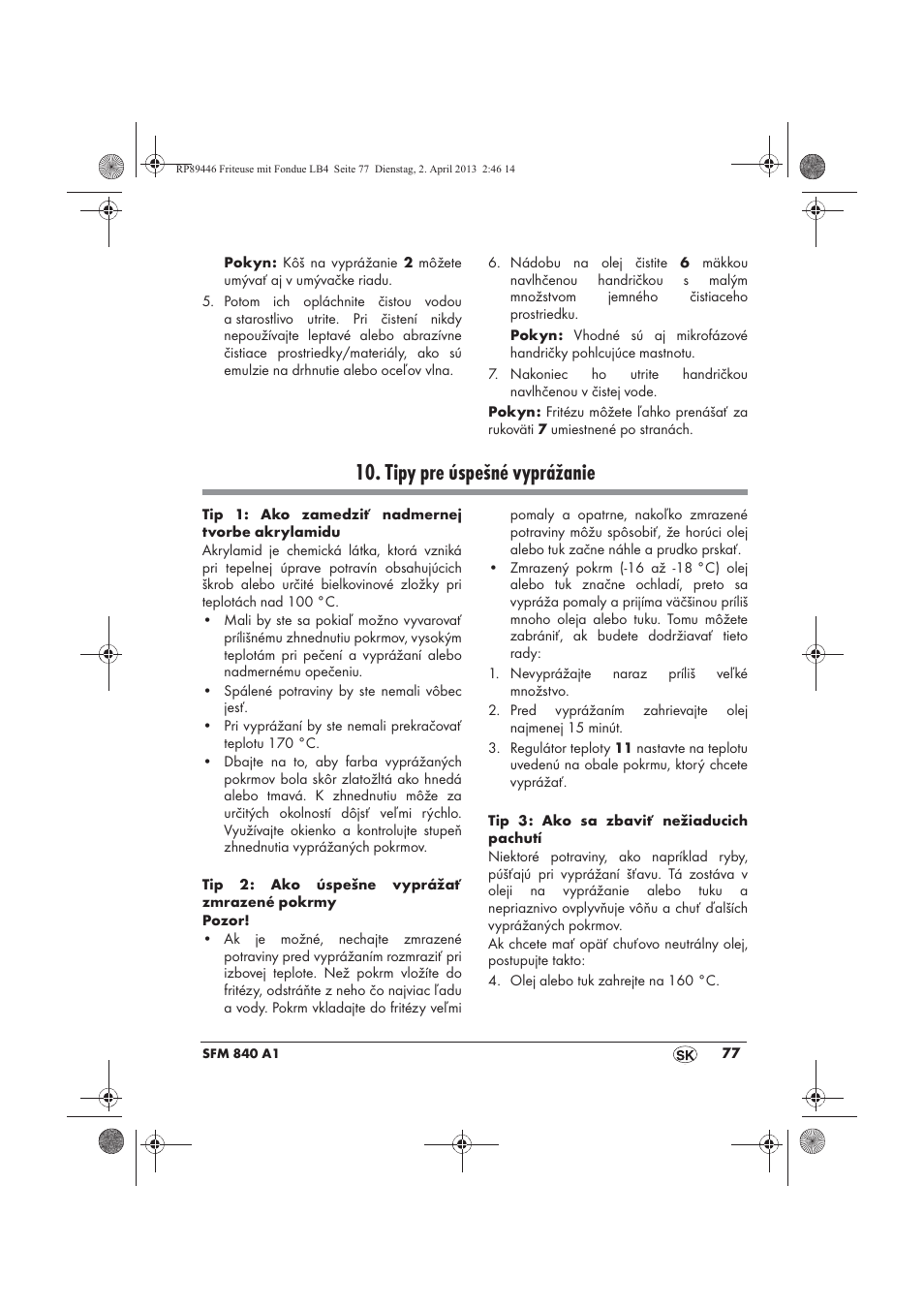 Tipy pre úspešné vyprážanie | Silvercrest SFM 840 A1 User Manual | Page 79 / 98