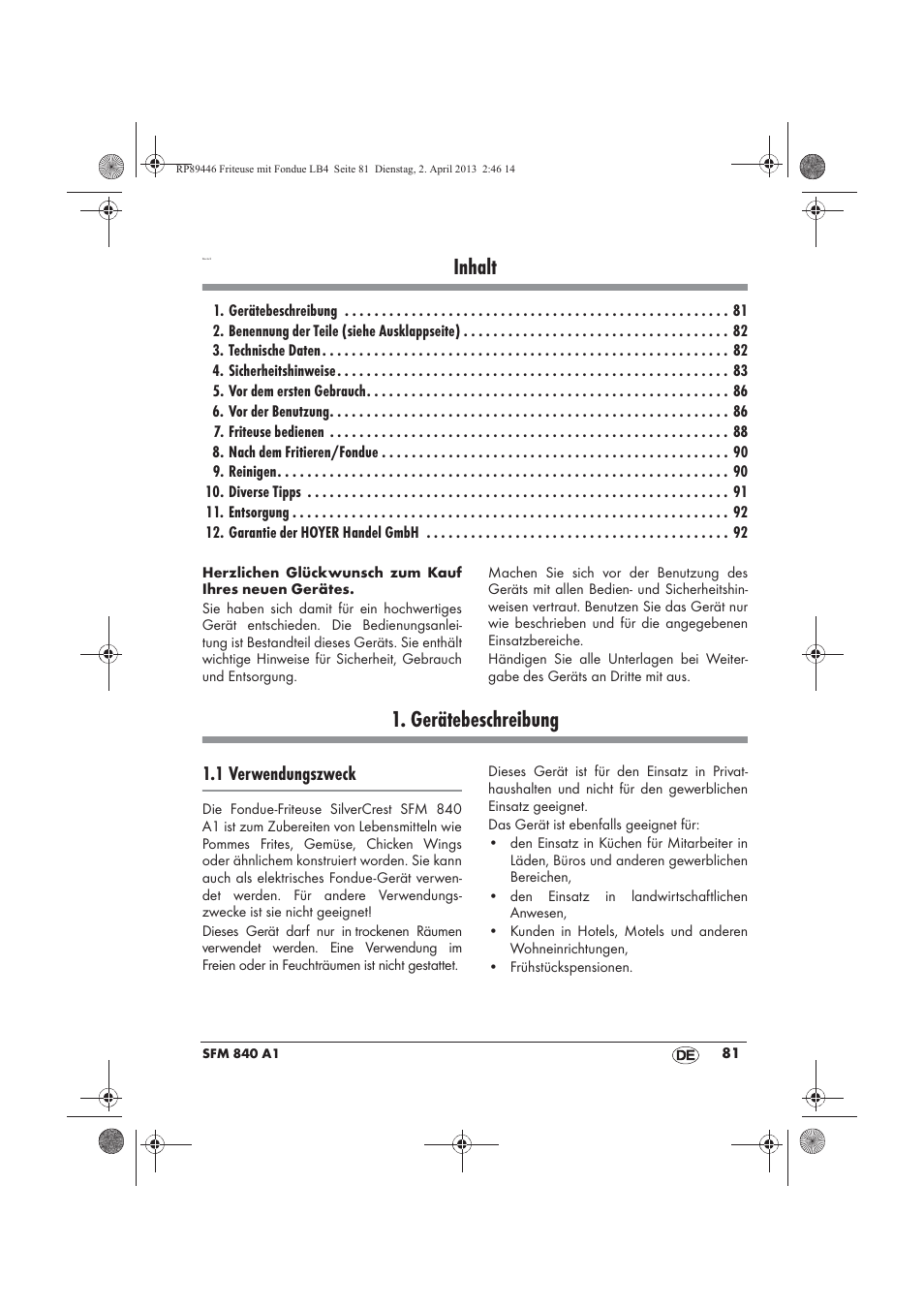 Inhalt, Gerätebeschreibung, 1 verwendungszweck | Silvercrest SFM 840 A1 User Manual | Page 83 / 98
