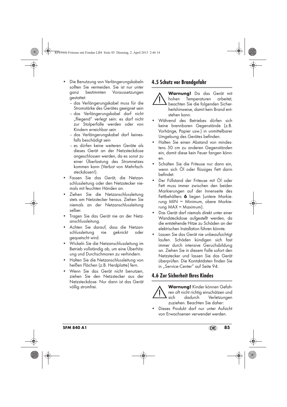 5 schutz vor brandgefahr, 6 zur sicherheit ihres kindes | Silvercrest SFM 840 A1 User Manual | Page 87 / 98