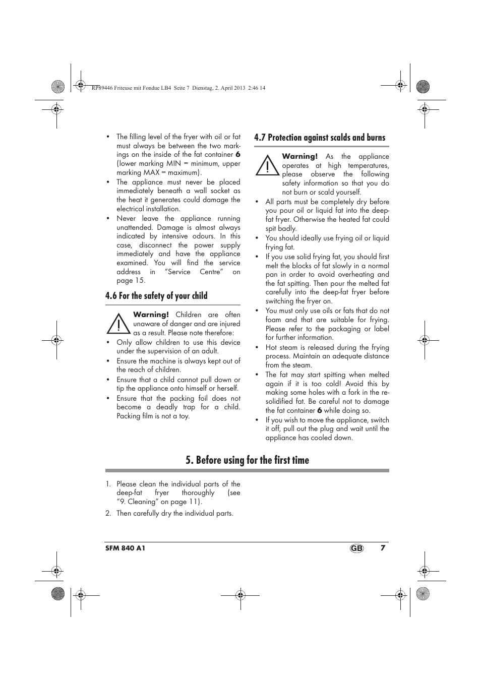 Before using for the first time, 6 for the safety of your child, 7 protection against scalds and burns | Silvercrest SFM 840 A1 User Manual | Page 9 / 98