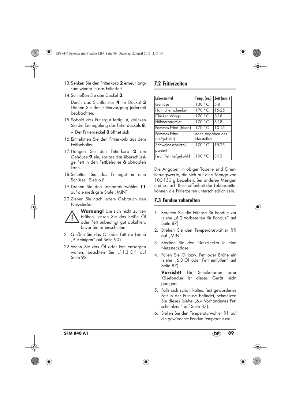 2 fritierzeiten, 3 fondue zubereiten | Silvercrest SFM 840 A1 User Manual | Page 91 / 98