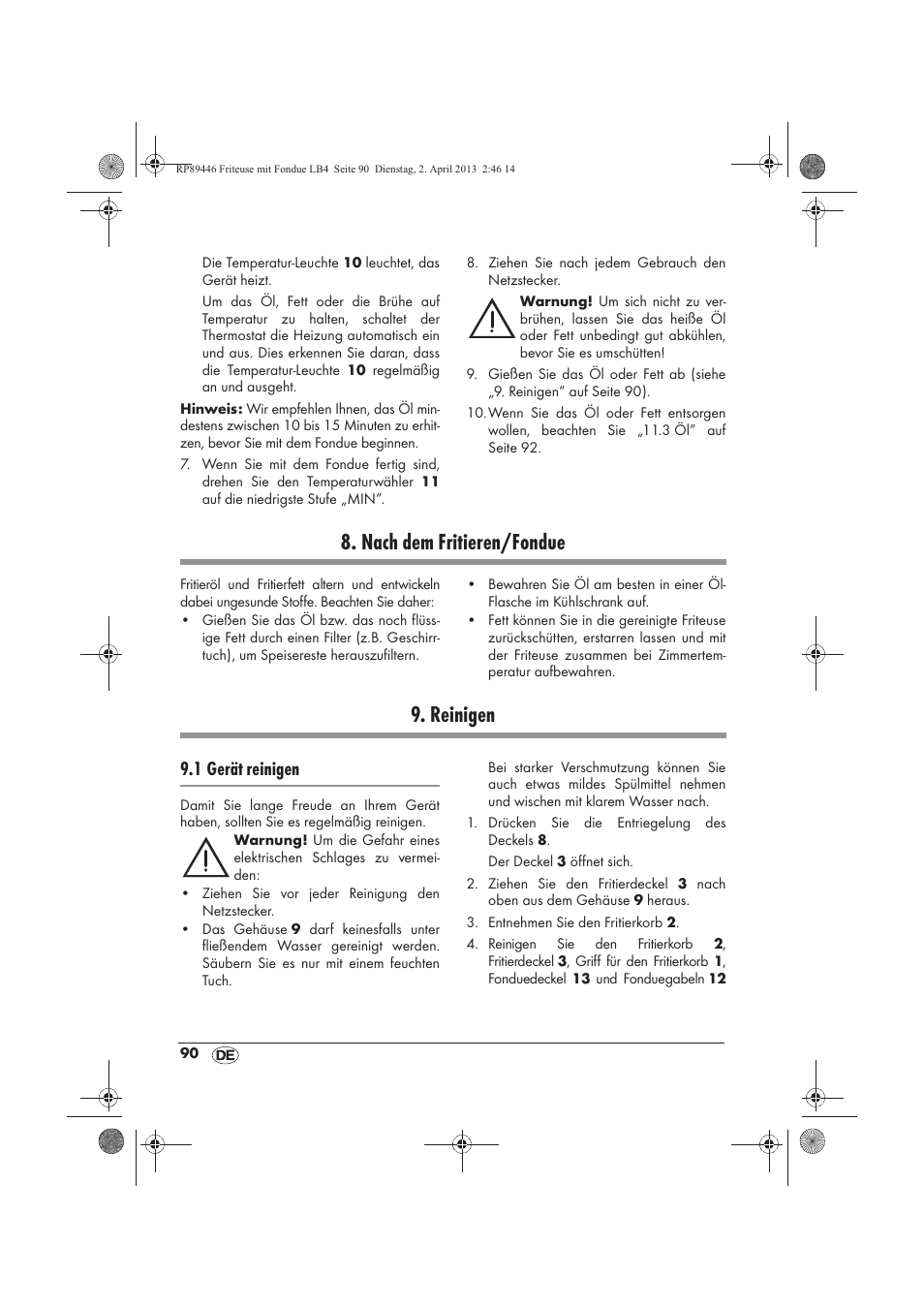 Nach dem fritieren/fondue, Reinigen, 1 gerät reinigen | Silvercrest SFM 840 A1 User Manual | Page 92 / 98