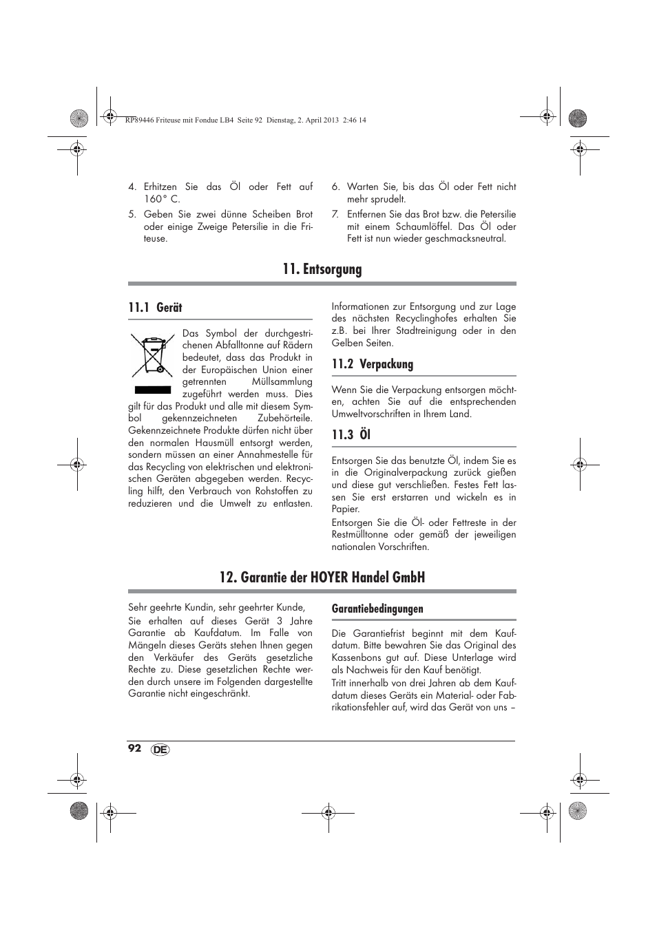 Entsorgung, Garantie der hoyer handel gmbh, 1 gerät | 2 verpackung, 3 öl | Silvercrest SFM 840 A1 User Manual | Page 94 / 98