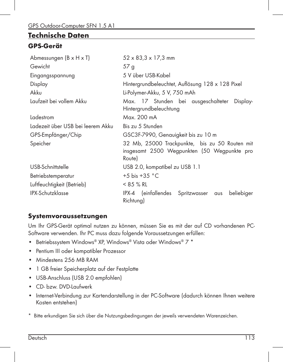 Technische daten | Silvercrest SFN 1.5 A1 User Manual | Page 115 / 147