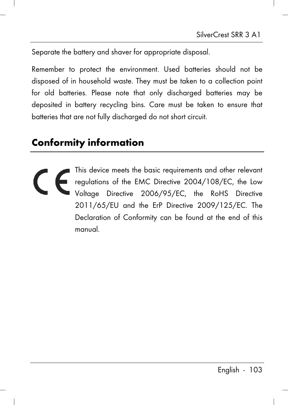 Conformity information | Silvercrest SRR 3 A1 User Manual | Page 105 / 110