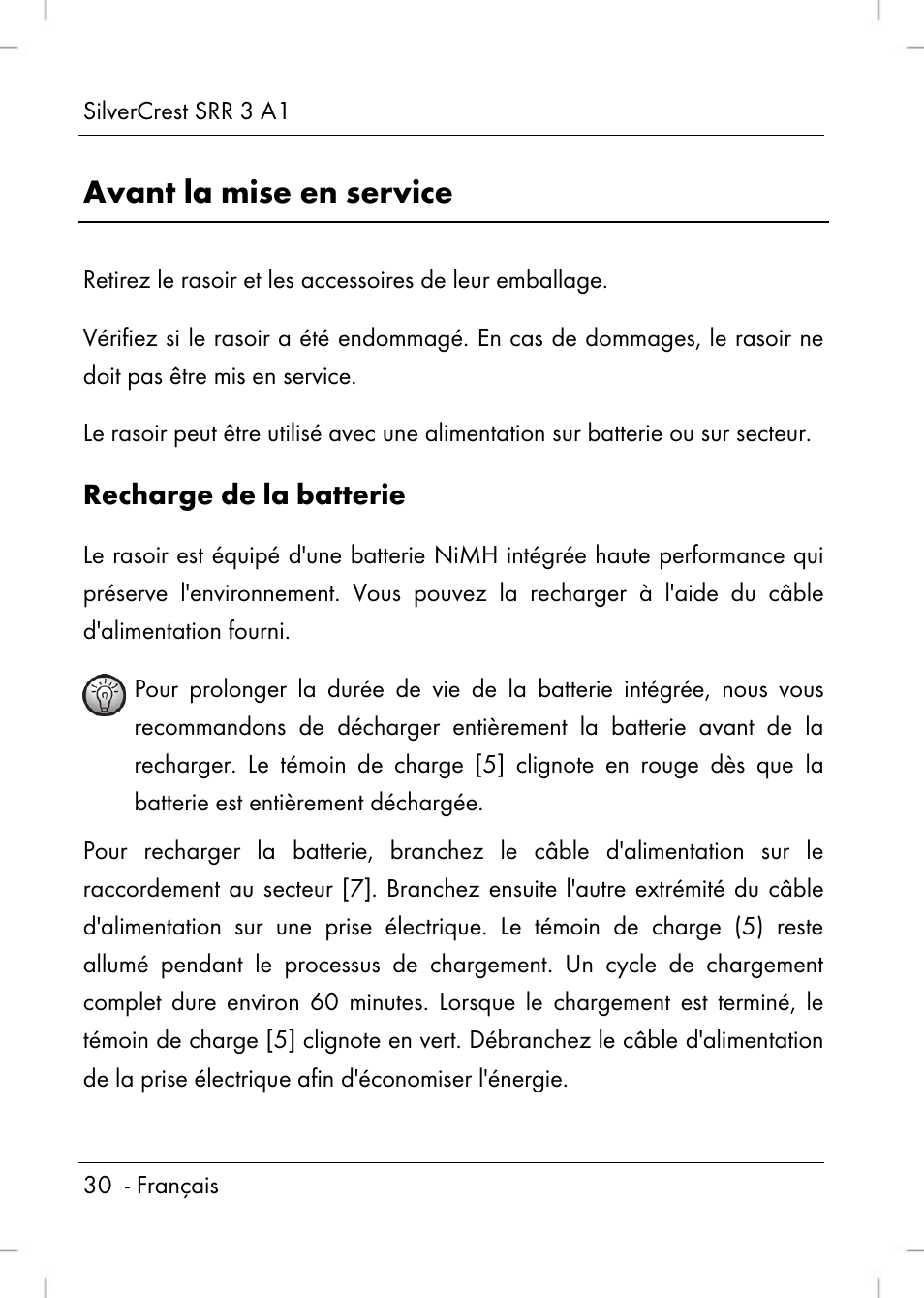 Avant la mise en service, Recharge de la batterie | Silvercrest SRR 3 A1 User Manual | Page 32 / 110