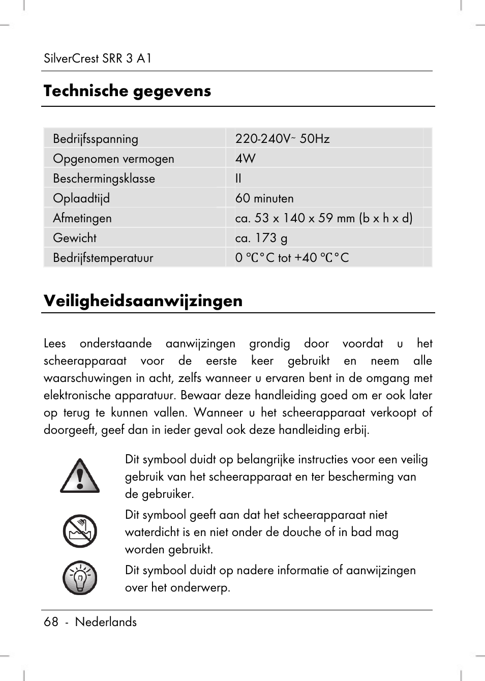 Technische gegevens, Veiligheidsaanwijzingen | Silvercrest SRR 3 A1 User Manual | Page 70 / 110