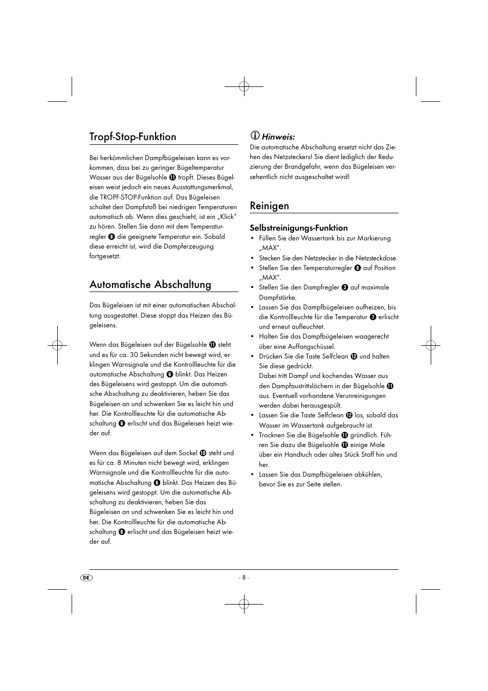 Tropf-stop-funktion, Automatische abschaltung, Reinigen | Hinweis, Selbstreinigungs-funktion | Silvercrest SDB 2200 C1 User Manual | Page 11 / 44