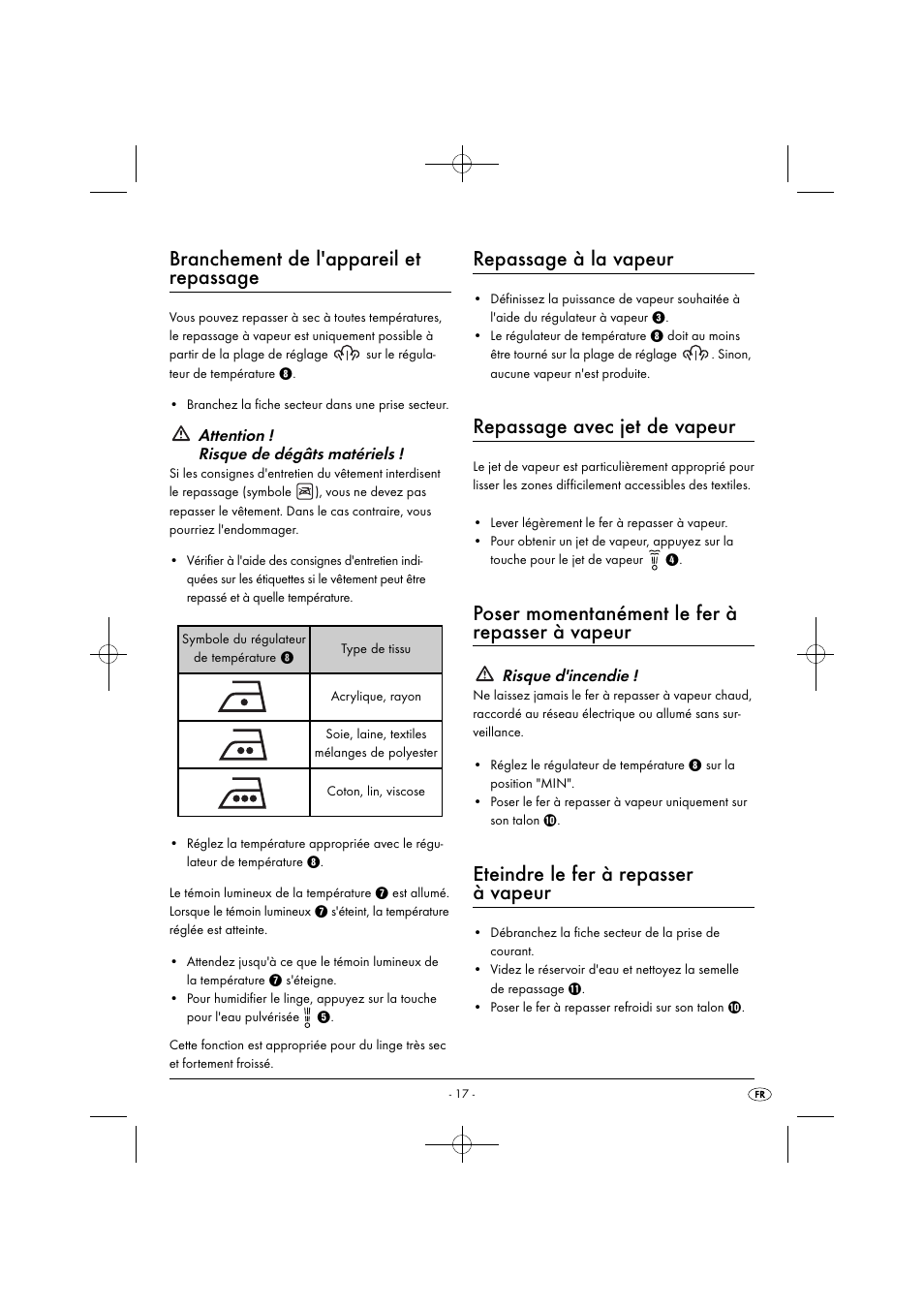 Branchement de l'appareil et repassage, Repassage à la vapeur, Repassage avec jet de vapeur | Poser momentanément le fer à repasser à vapeur, Eteindre le fer à repasser à vapeur, Attention ! risque de dégâts matériels, Risque d'incendie | Silvercrest SDB 2200 C1 User Manual | Page 20 / 44