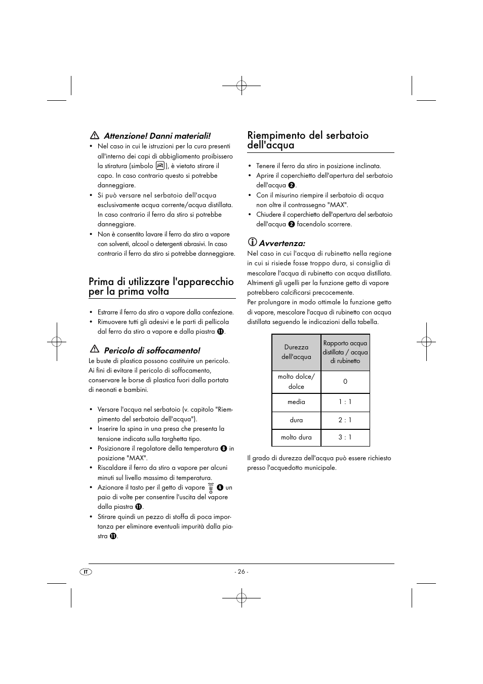 Riempimento del serbatoio dell'acqua, Attenzione! danni materiali, Pericolo di soffocamento | Avvertenza | Silvercrest SDB 2200 C1 User Manual | Page 29 / 44