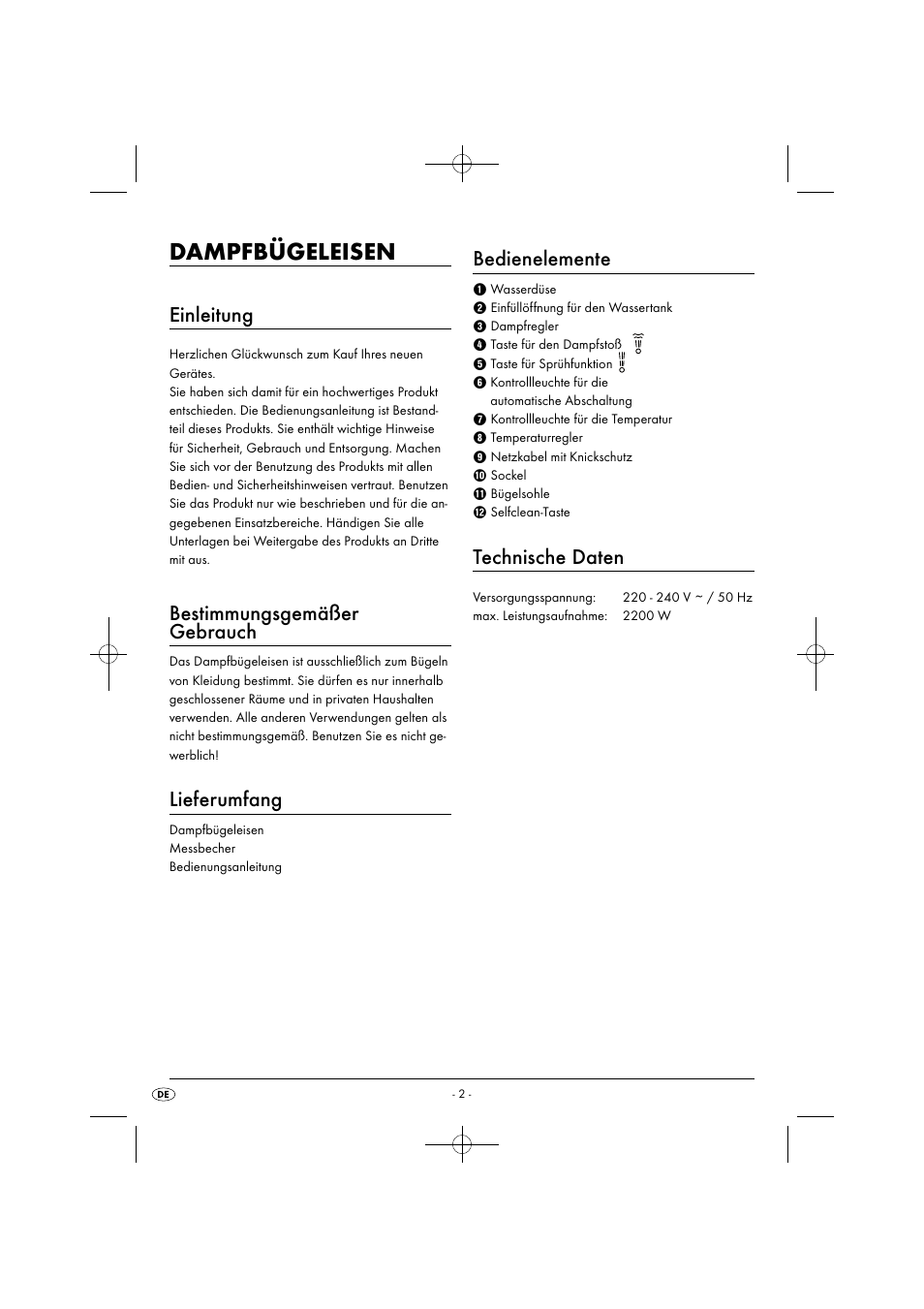 Dampfbügeleisen, Einleitung, Bestimmungsgemäßer gebrauch | Lieferumfang, Bedienelemente, Technische daten | Silvercrest SDB 2200 C1 User Manual | Page 5 / 44