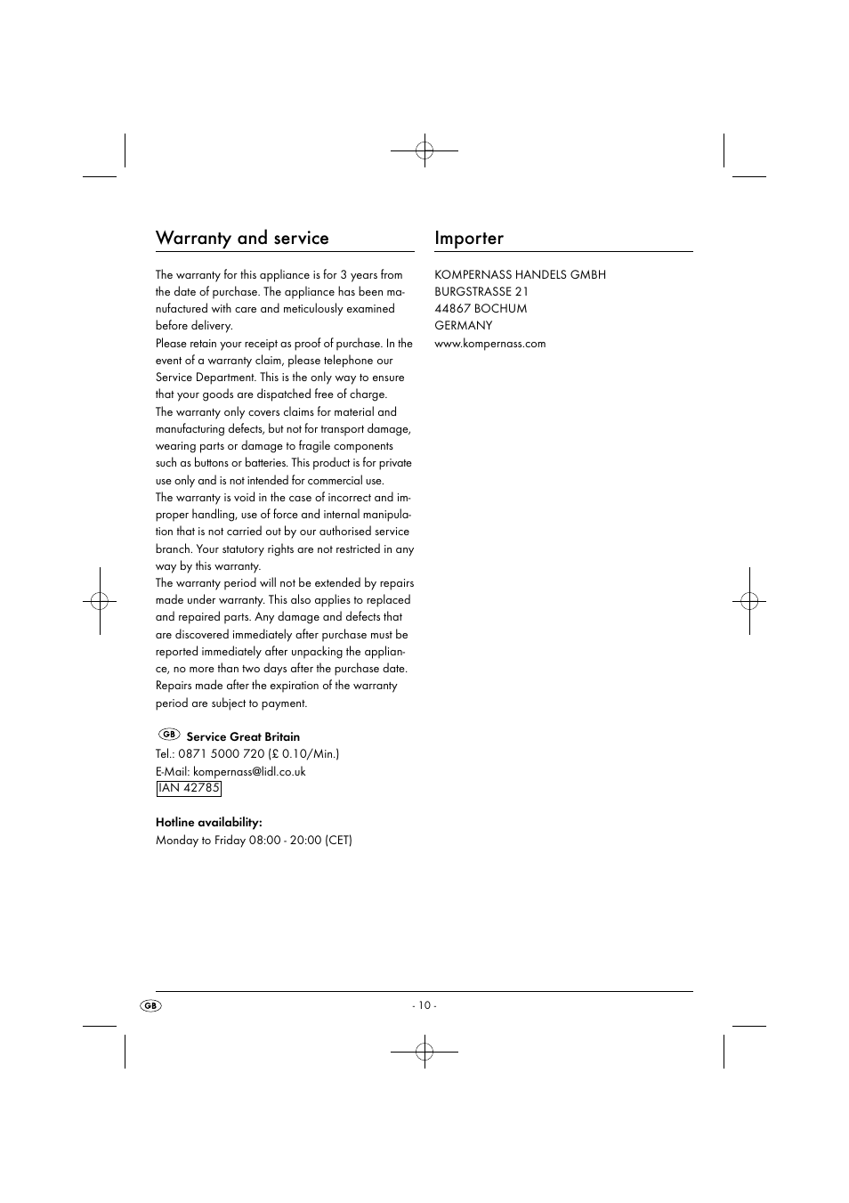Warranty and service, Importer | Silvercrest SDB 2200 C1 User Manual | Page 13 / 74