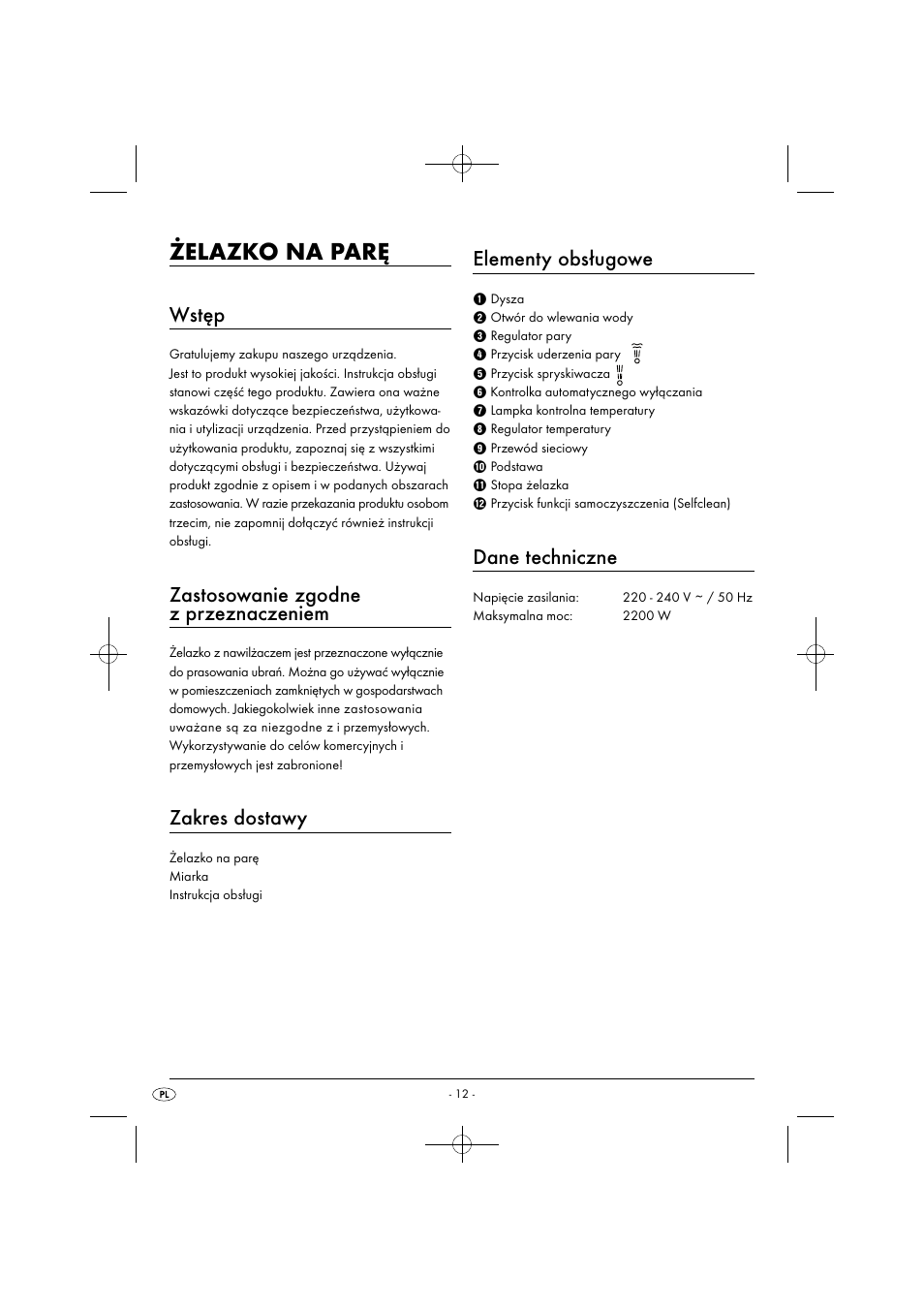 Żelazko na parę, Wstęp, Zastosowanie zgodne z przeznaczeniem | Zakres dostawy, Elementy obsługowe, Dane techniczne | Silvercrest SDB 2200 C1 User Manual | Page 15 / 74