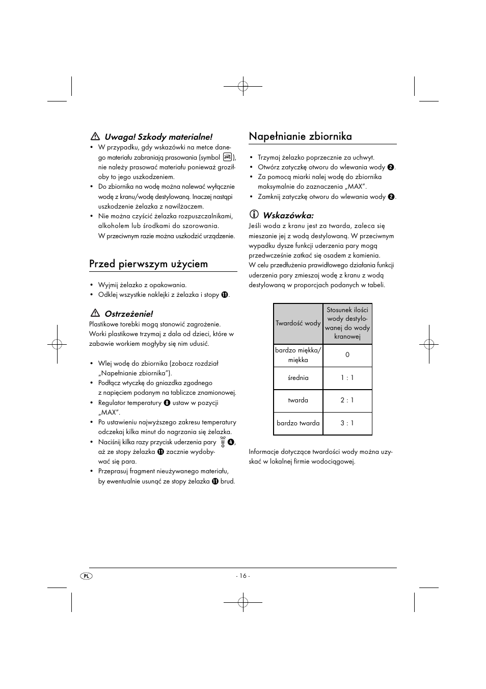 Przed pierwszym użyciem, Napełnianie zbiornika, Uwaga! szkody materialne | Ostrzeżenie, Wskazówka | Silvercrest SDB 2200 C1 User Manual | Page 19 / 74