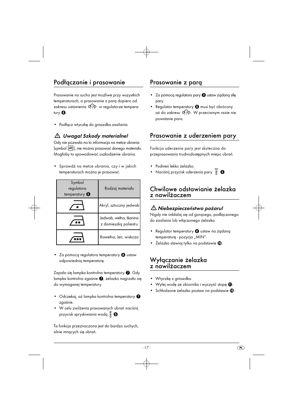 Podłączanie i prasowanie, Prasowanie z parą, Prasowanie z uderzeniem pary | Chwilowe odstawianie żelazka z nawilżaczem, Wyłączanie żelazka z nawilżaczem, Uwaga! szkody materialne, Niebezpieczeństwo pożaru | Silvercrest SDB 2200 C1 User Manual | Page 20 / 74