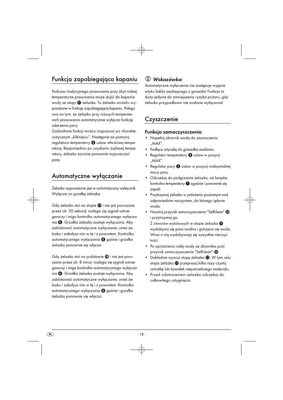 Funkcja zapobiegająca kapaniu, Automatyczne wyłączanie, Czyszczenie | Wskazówka, Funkcja samoczyszczenia | Silvercrest SDB 2200 C1 User Manual | Page 21 / 74