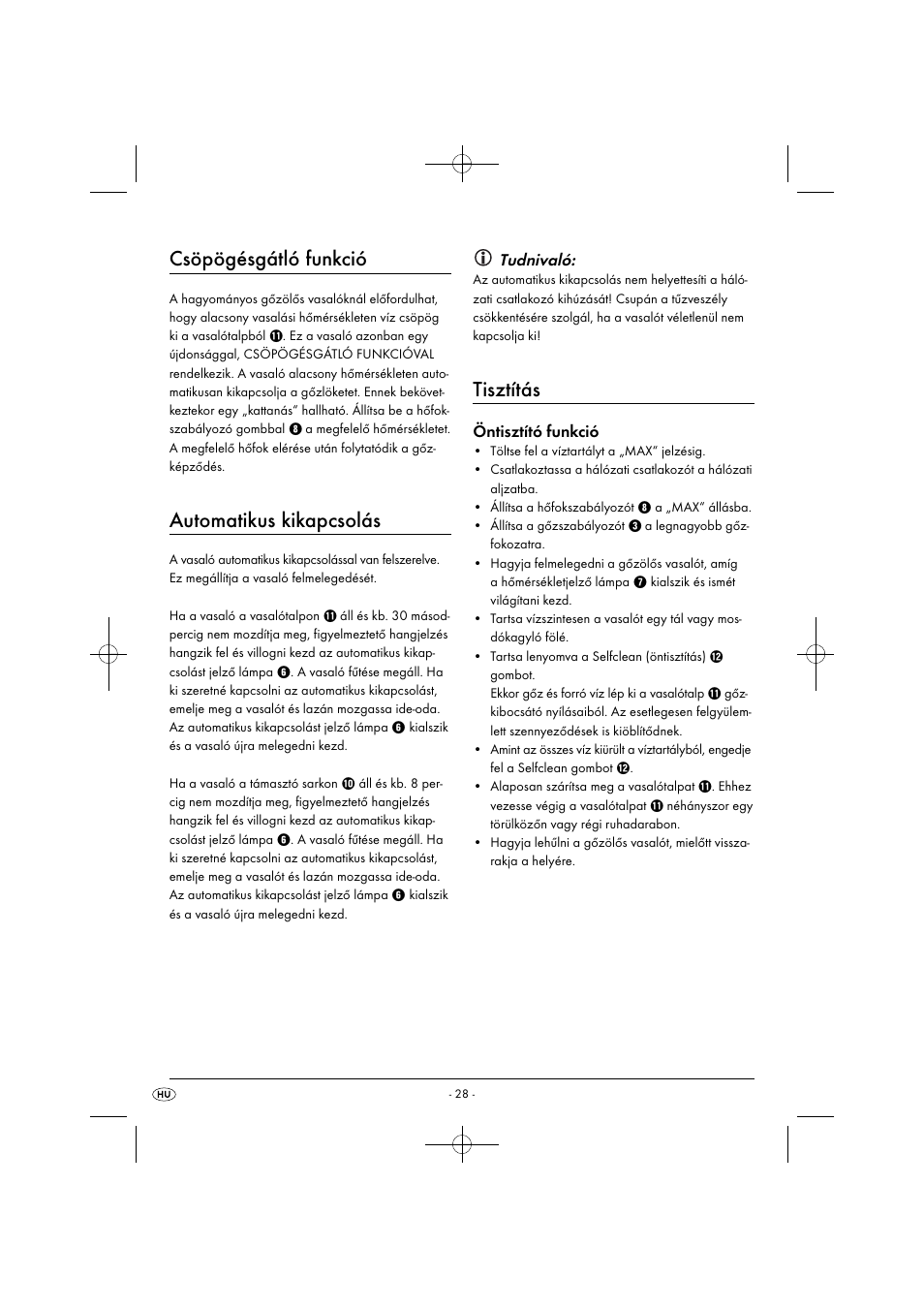 Csöpögésgátló funkció, Automatikus kikapcsolás, Tisztítás | Tudnivaló, Öntisztító funkció | Silvercrest SDB 2200 C1 User Manual | Page 31 / 74