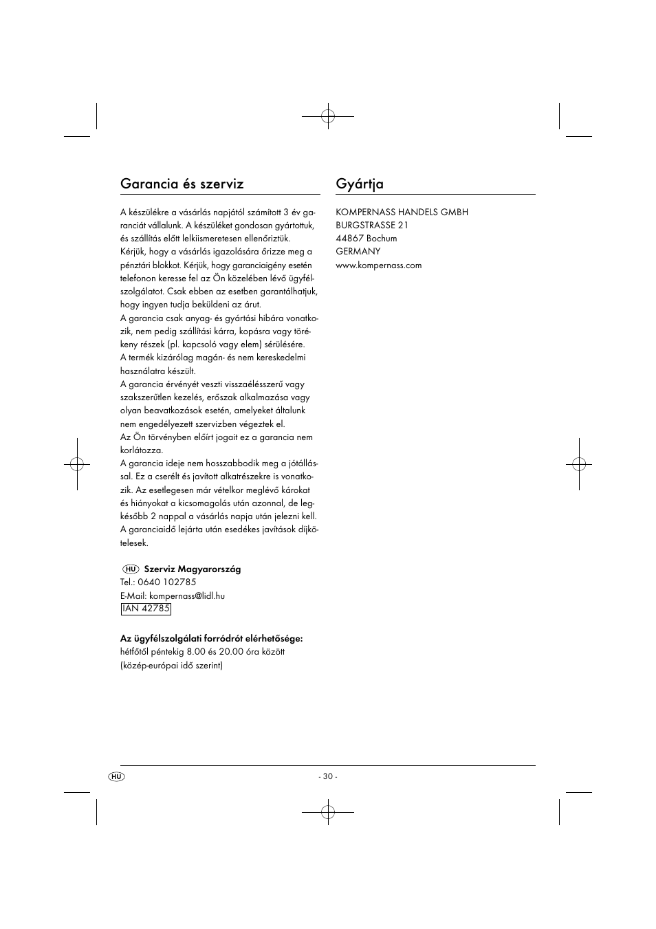 Garancia és szerviz, Gyártja | Silvercrest SDB 2200 C1 User Manual | Page 33 / 74