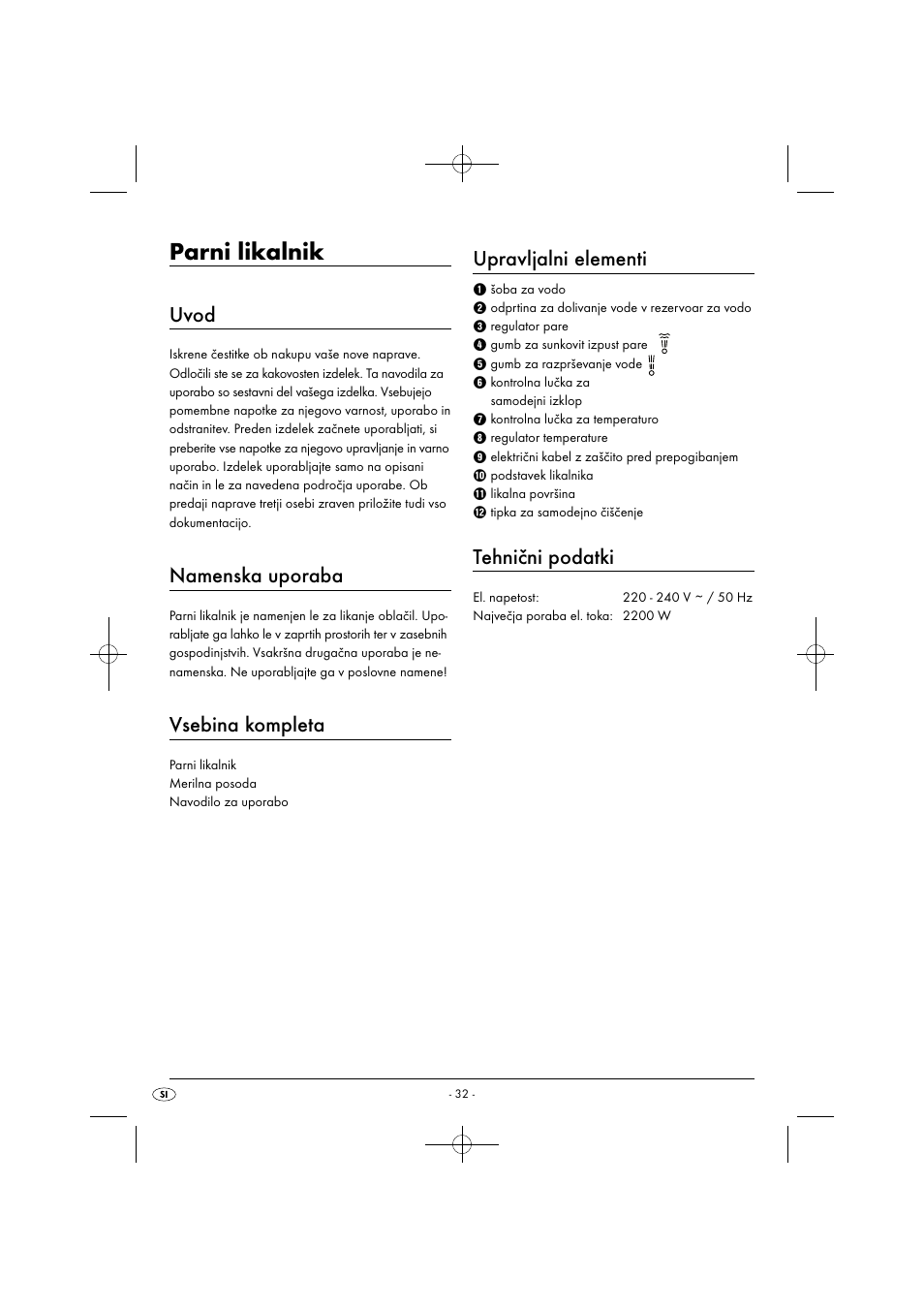 Parni likalnik, Uvod, Namenska uporaba | Vsebina kompleta, Upravljalni elementi, Tehnični podatki | Silvercrest SDB 2200 C1 User Manual | Page 35 / 74