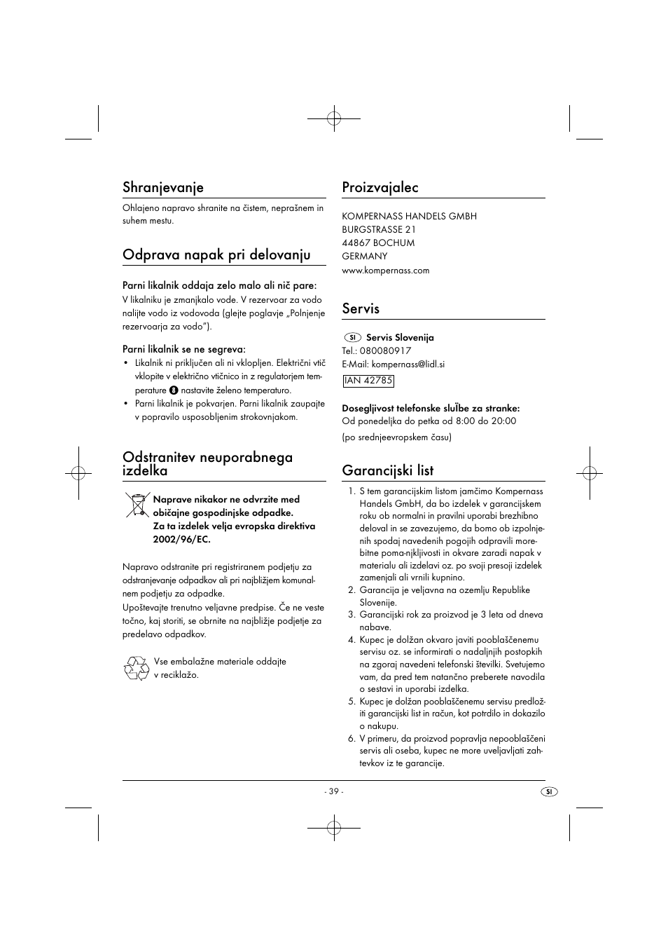 Shranjevanje, Odprava napak pri delovanju, Odstranitev neuporabnega izdelka | Proizvajalec, Servis, Garancijski list | Silvercrest SDB 2200 C1 User Manual | Page 42 / 74