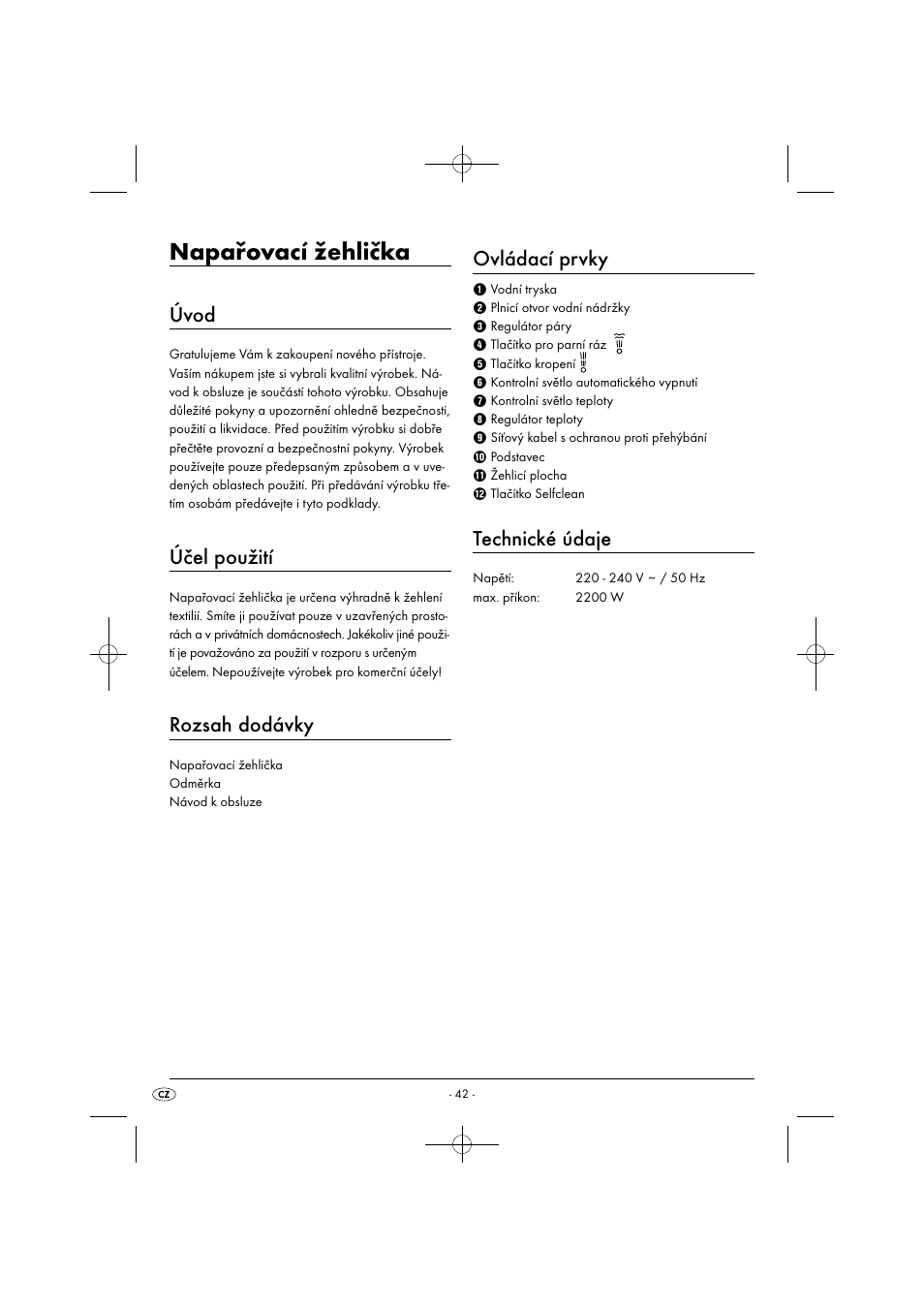 Napařovací žehlička, Úvod, Účel použití | Rozsah dodávky, Ovládací prvky, Technické údaje | Silvercrest SDB 2200 C1 User Manual | Page 45 / 74