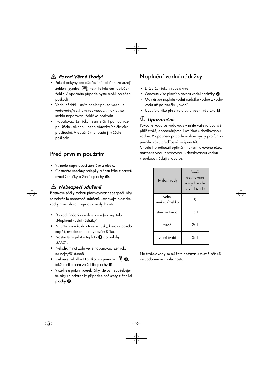 Před prvním použitím, Naplnění vodní nádržky, Pozor! věcné škody | Nebezpečí udušení, Upozornění | Silvercrest SDB 2200 C1 User Manual | Page 49 / 74