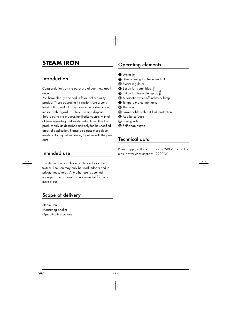 Steam iron, Introduction, Intended use | Scope of delivery, Operating elements, Technical data | Silvercrest SDB 2200 C1 User Manual | Page 5 / 74