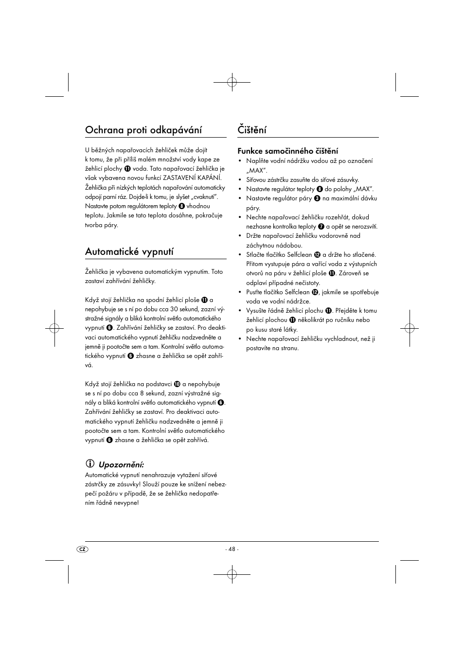 Ochrana proti odkapávání, Automatické vypnutí, Čištění | Upozornění, Funkce samočinného čištění | Silvercrest SDB 2200 C1 User Manual | Page 51 / 74