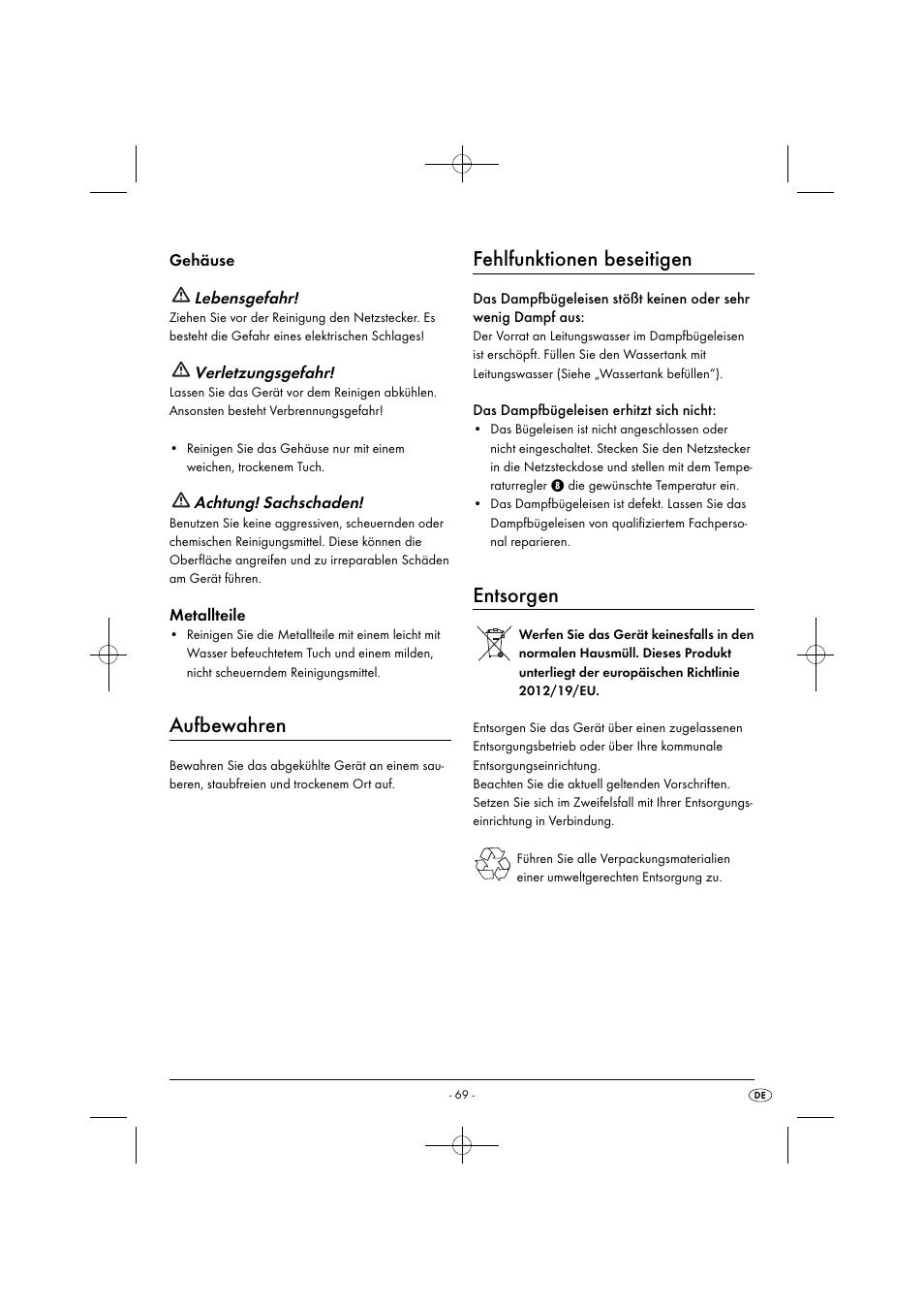 Aufbewahren, Fehlfunktionen beseitigen, Entsorgen | Gehäuse lebensgefahr, Verletzungsgefahr, Achtung! sachschaden, Metallteile | Silvercrest SDB 2200 C1 User Manual | Page 72 / 74