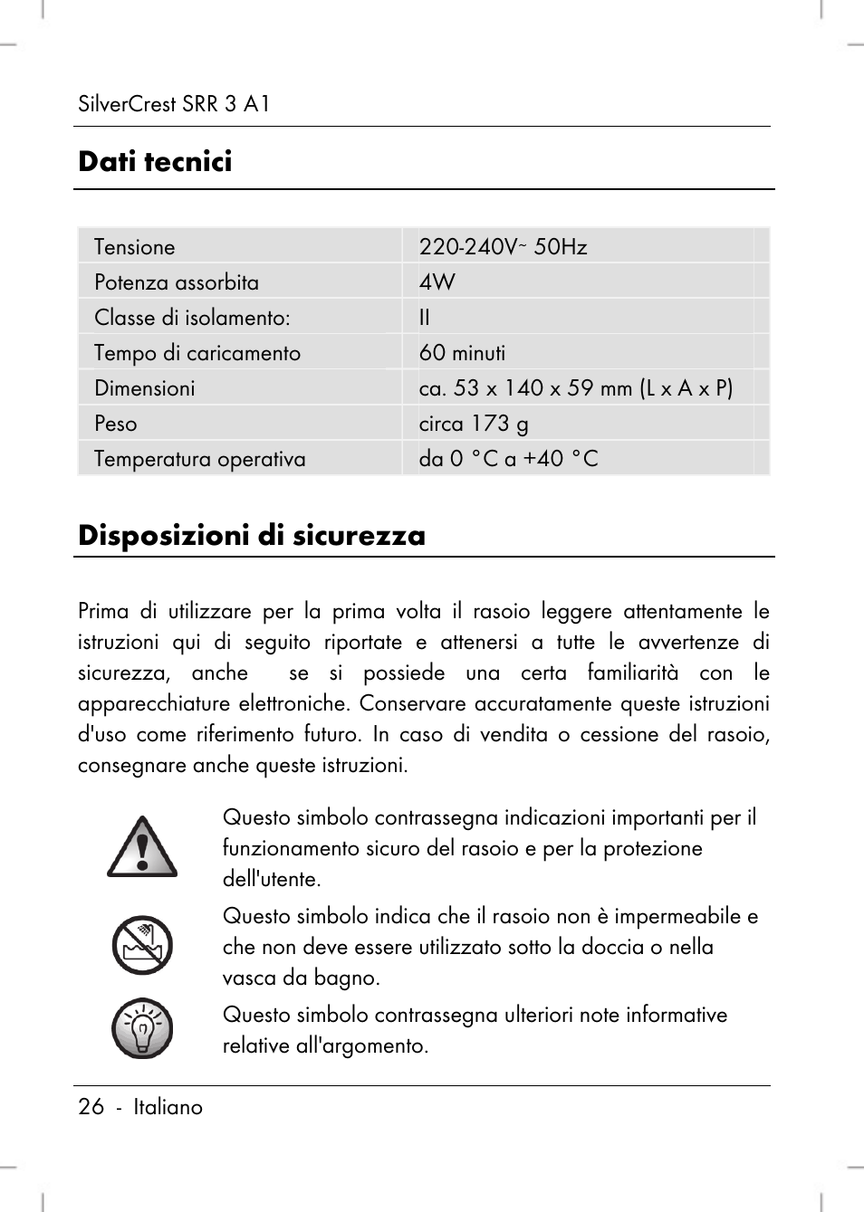 Dati tecnici, Disposizioni di sicurezza | Silvercrest SRR 3 A1 User Manual | Page 28 / 110