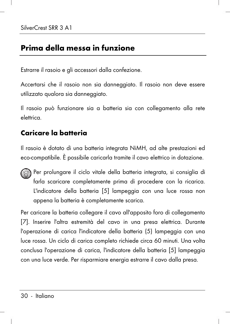 Prima della messa in funzione, Caricare la batteria | Silvercrest SRR 3 A1 User Manual | Page 32 / 110
