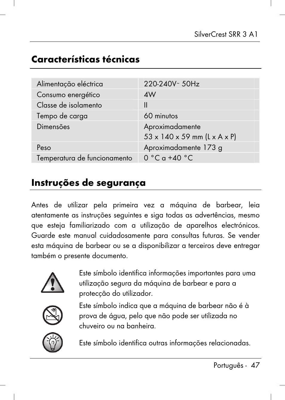 Características técnicas, Instruções de segurança | Silvercrest SRR 3 A1 User Manual | Page 49 / 110