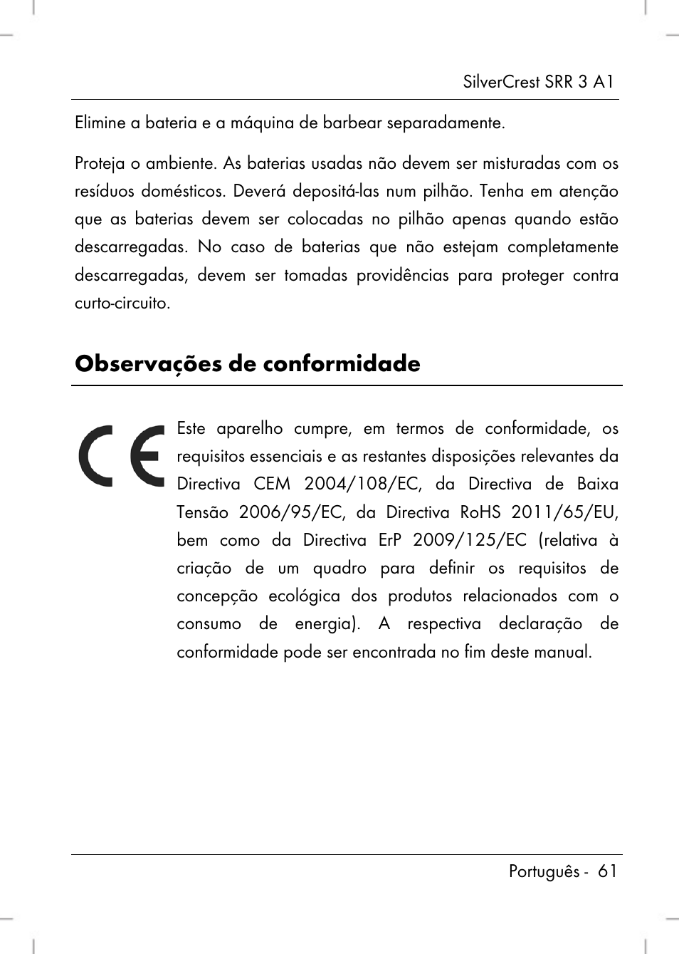 Observações de conformidade | Silvercrest SRR 3 A1 User Manual | Page 63 / 110