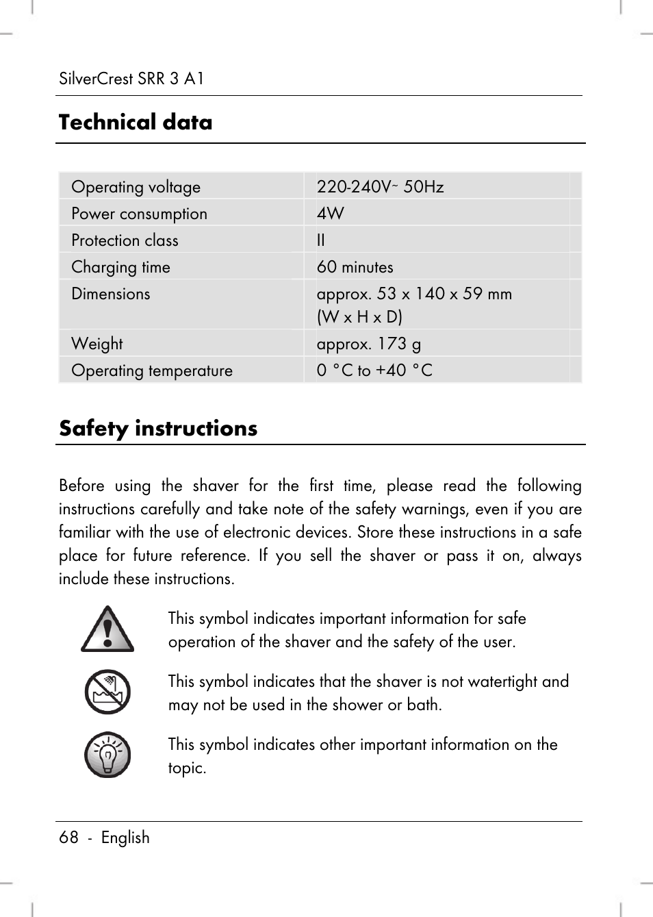 Technical data, Safety instructions | Silvercrest SRR 3 A1 User Manual | Page 70 / 110