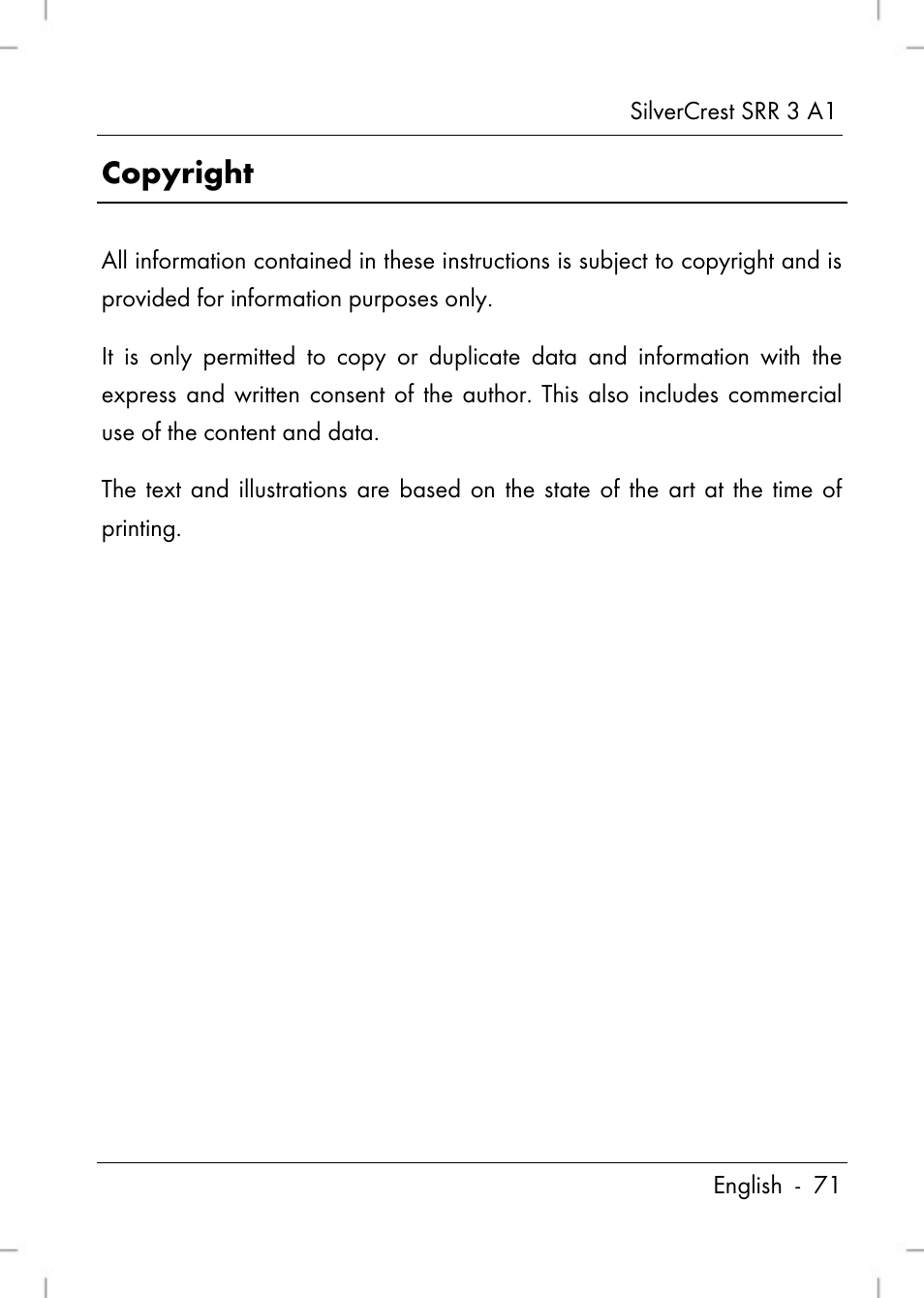 Copyright | Silvercrest SRR 3 A1 User Manual | Page 73 / 110