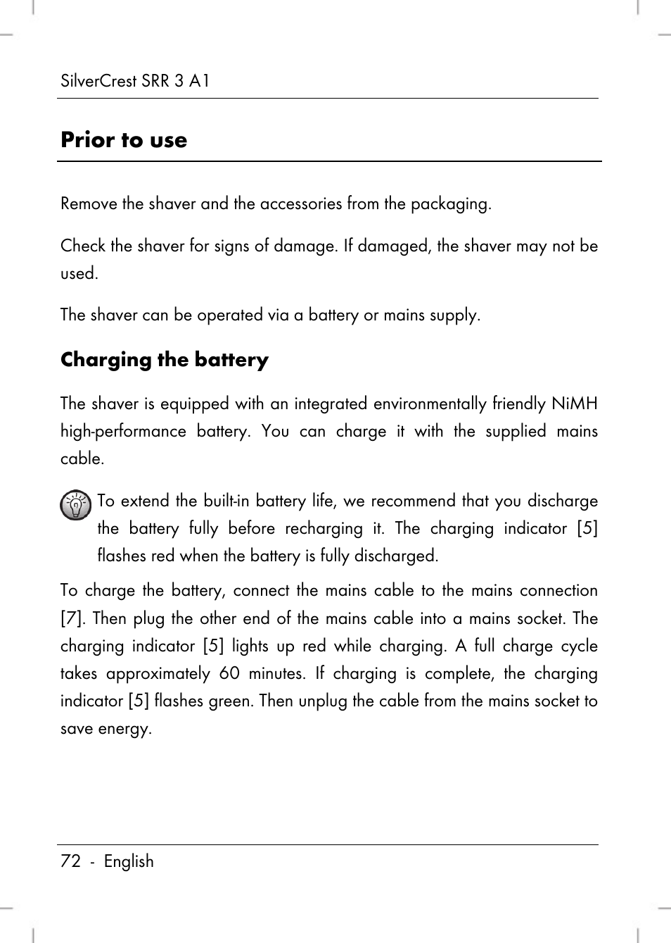 Prior to use, Charging the battery | Silvercrest SRR 3 A1 User Manual | Page 74 / 110