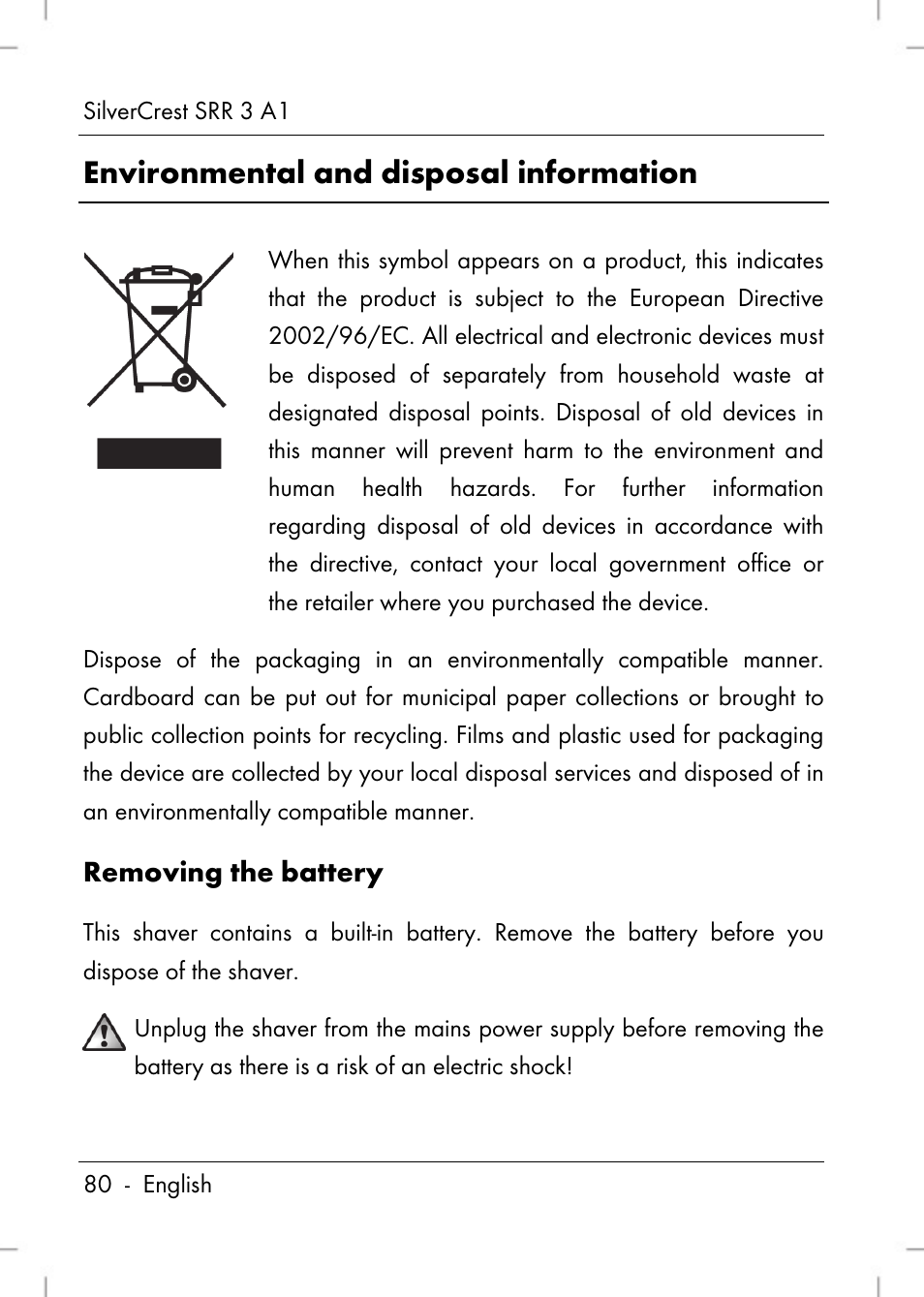 Environmental and disposal information, Removing the battery | Silvercrest SRR 3 A1 User Manual | Page 82 / 110