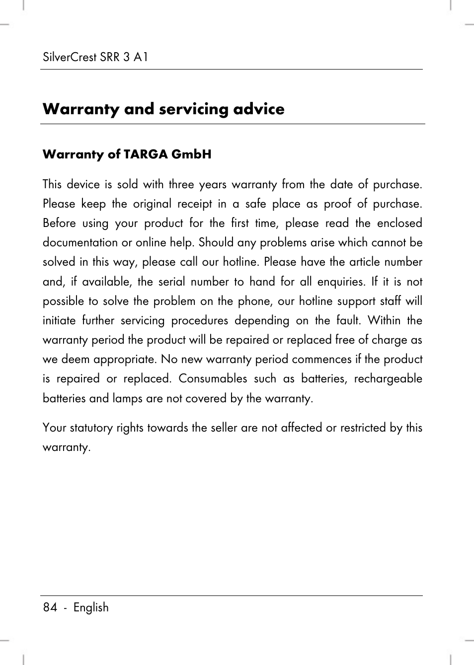 Warranty and servicing advice | Silvercrest SRR 3 A1 User Manual | Page 86 / 110