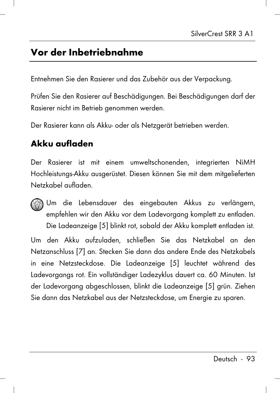 Vor der inbetriebnahme, Akku aufladen | Silvercrest SRR 3 A1 User Manual | Page 95 / 110