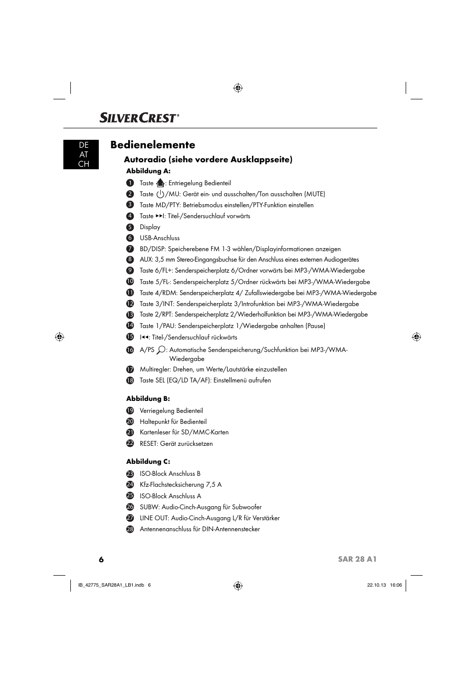 Bedienelemente, De at ch, Autoradio (siehe vordere ausklappseite) | Silvercrest SAR 28 A1 User Manual | Page 10 / 145