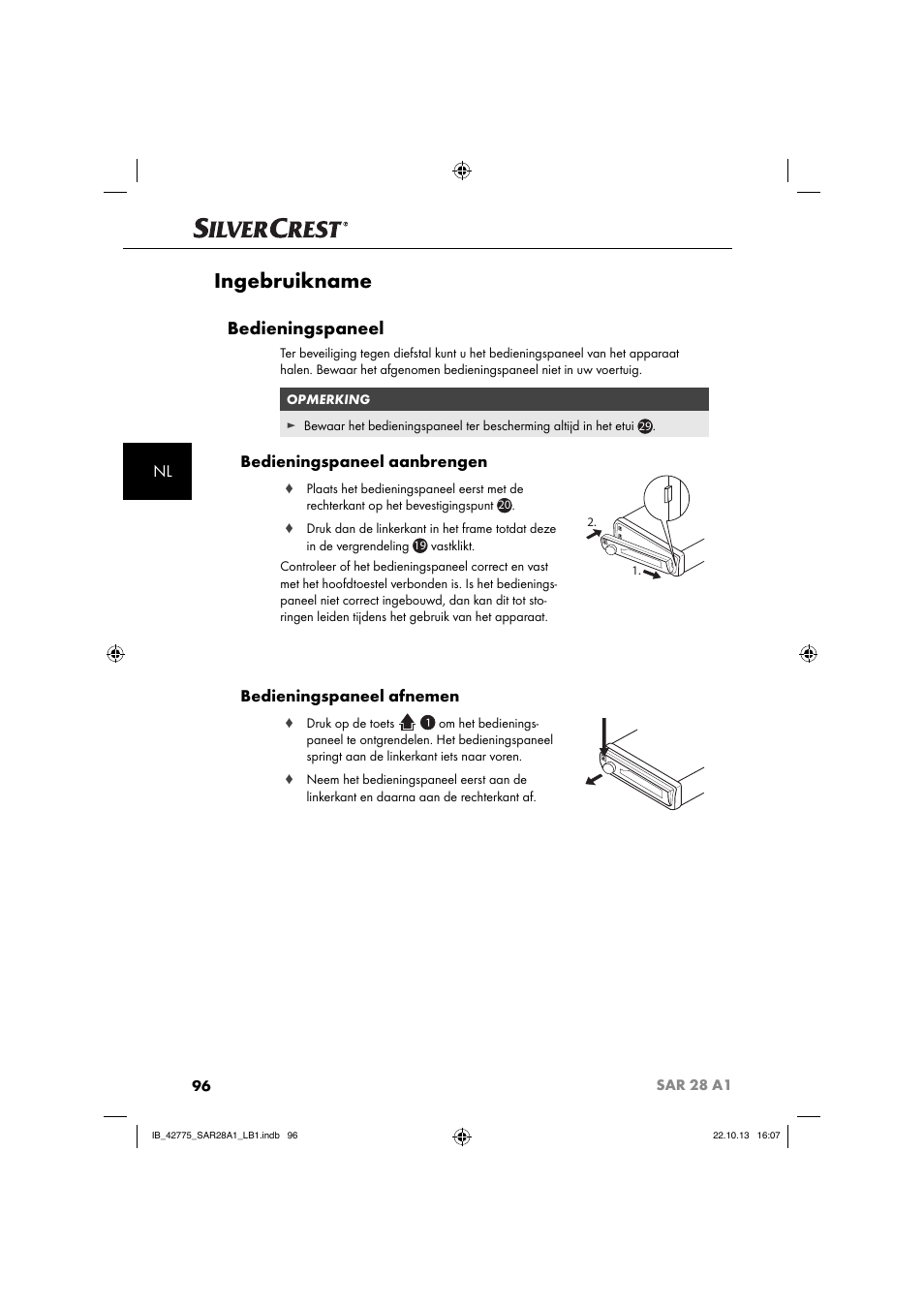 Ingebruikname, Bedieningspaneel, Bedieningspaneel aanbrengen | Bedieningspaneel afnemen | Silvercrest SAR 28 A1 User Manual | Page 100 / 145