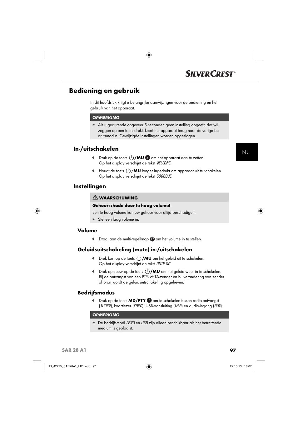 Bediening en gebruik, In-/uitschakelen, Instellingen | Volume, Geluidsuitschakeling (mute) in-/uitschakelen, Bedrijfsmodus | Silvercrest SAR 28 A1 User Manual | Page 101 / 145