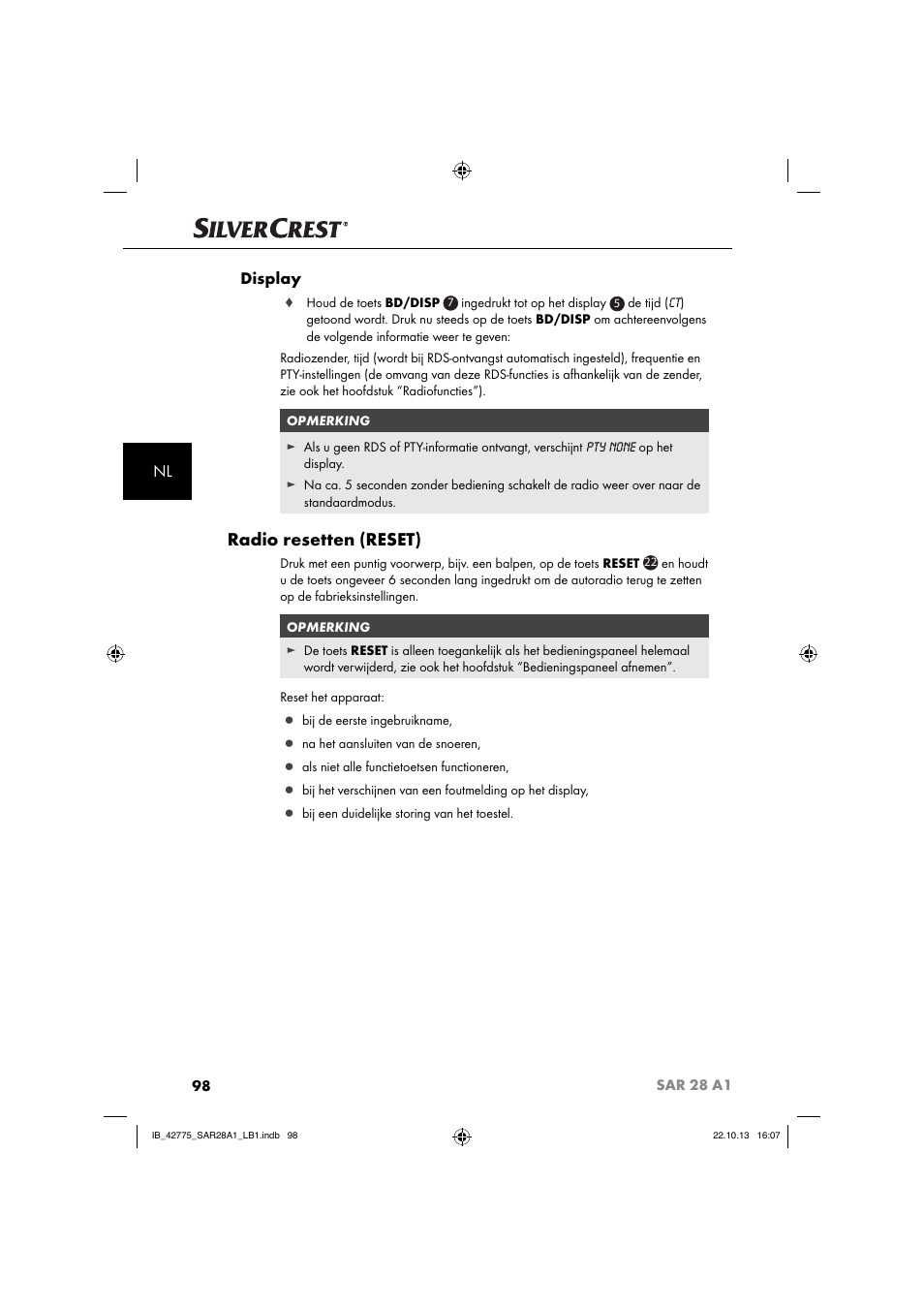 Radio resetten (reset), Nl display | Silvercrest SAR 28 A1 User Manual | Page 102 / 145