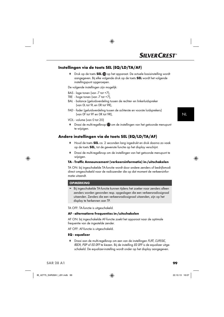 Nl instellingen via de toets sel (eq/ld/ta/af), Andere instellingen via de toets sel (eq/ld/ta/af) | Silvercrest SAR 28 A1 User Manual | Page 103 / 145