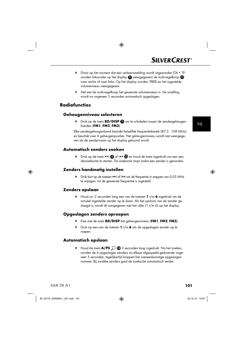 Radiofuncties, Geheugenniveau selecteren, Automatisch zenders zoeken | Zenders handmatig instellen, Zenders opslaan, Opgeslagen zenders oproepen, Automatisch opslaan | Silvercrest SAR 28 A1 User Manual | Page 105 / 145