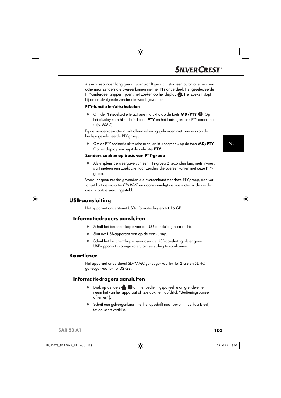 Usb-aansluiting, Kaartlezer, Informatiedragers aansluiten | Silvercrest SAR 28 A1 User Manual | Page 107 / 145