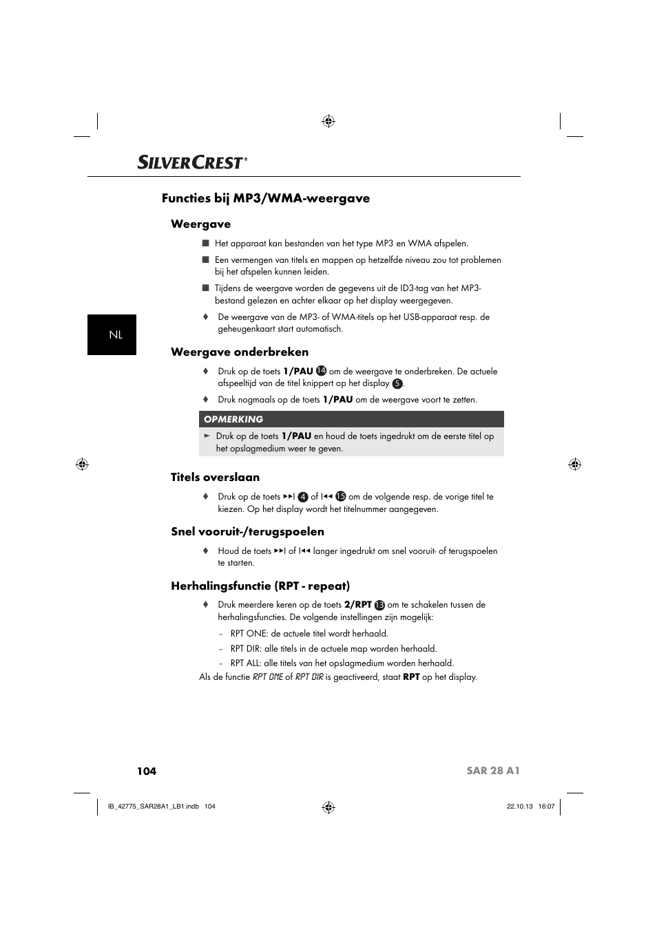 Functies bij mp3/wma-weergave, Weergave, Weergave onderbreken | Titels overslaan, Snel vooruit-/terugspoelen, Herhalingsfunctie (rpt - repeat) | Silvercrest SAR 28 A1 User Manual | Page 108 / 145