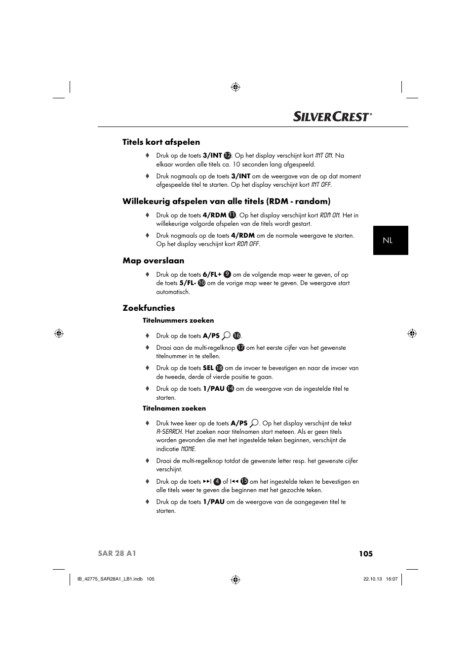 Nl titels kort afspelen, Map overslaan, Zoekfuncties | Silvercrest SAR 28 A1 User Manual | Page 109 / 145