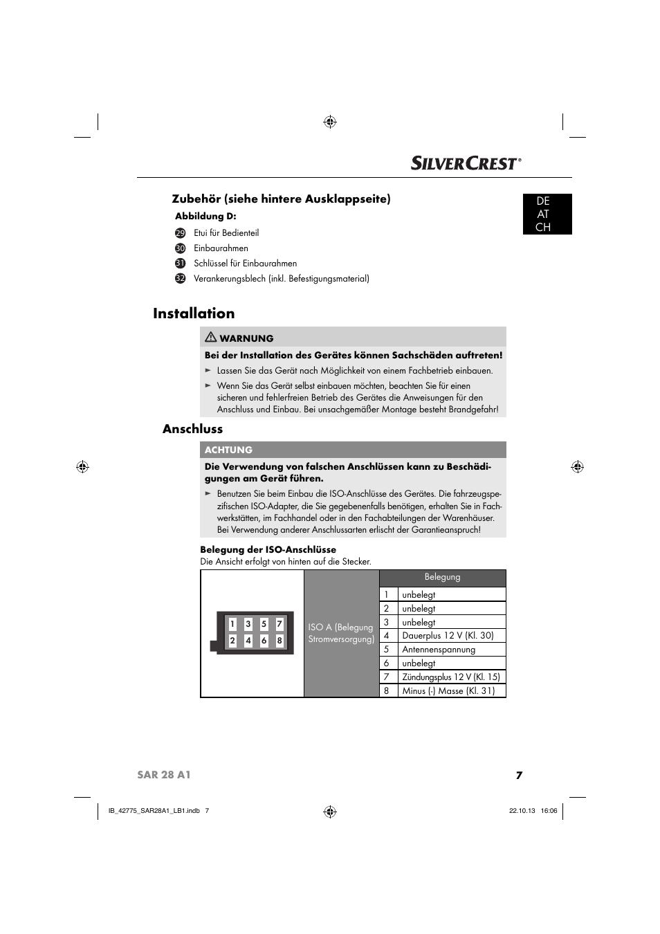 Installation, Anschluss, De at ch zubehör (siehe hintere ausklappseite) | Silvercrest SAR 28 A1 User Manual | Page 11 / 145