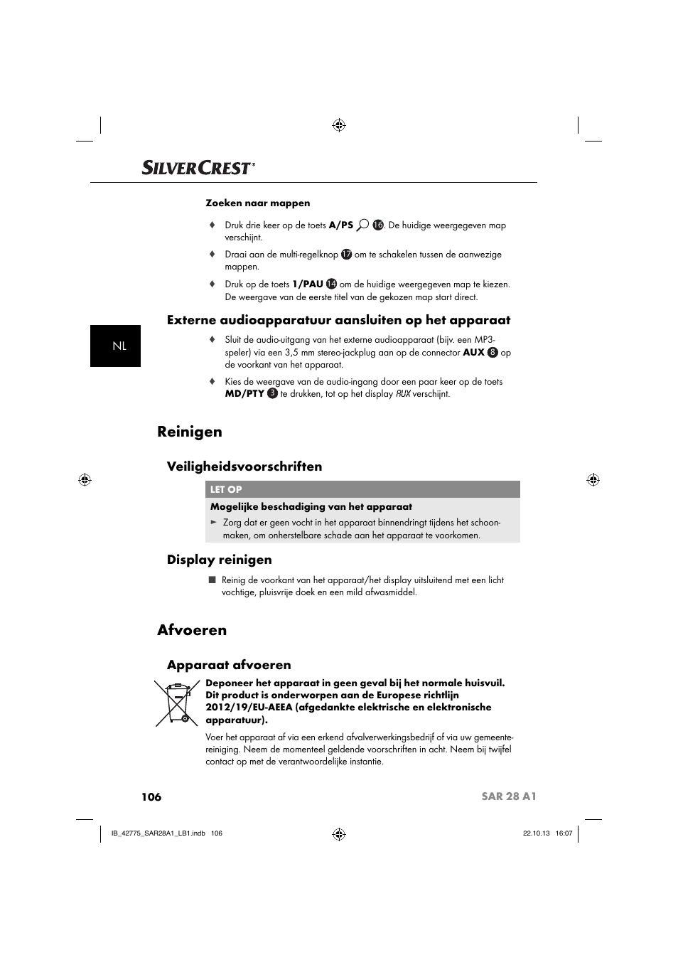 Reinigen, Afvoeren, Externe audioapparatuur aansluiten op het apparaat | Veiligheidsvoorschriften, Display reinigen, Apparaat afvoeren | Silvercrest SAR 28 A1 User Manual | Page 110 / 145